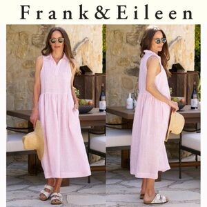 Frank & Eileen Pink Polo Collar Stripe Linen Sleeveless Midi Dress sz XS 298$